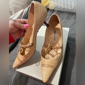 Manolo Blahnik Raffia and Leather Kitten Heel Pumps